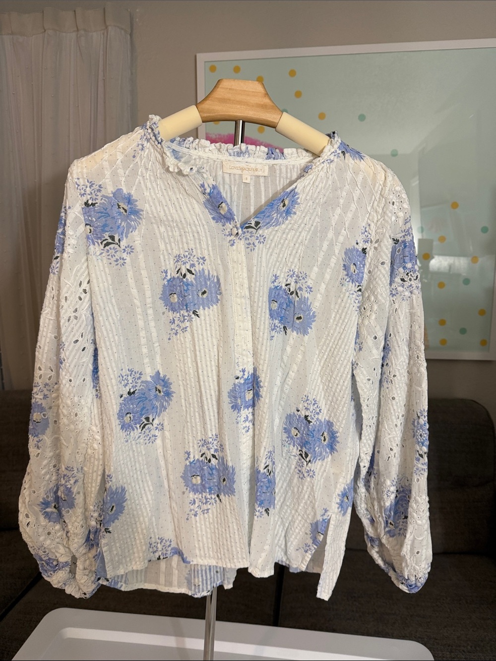 LoveShackFancy White Blouse with Light Blue Floral Print
